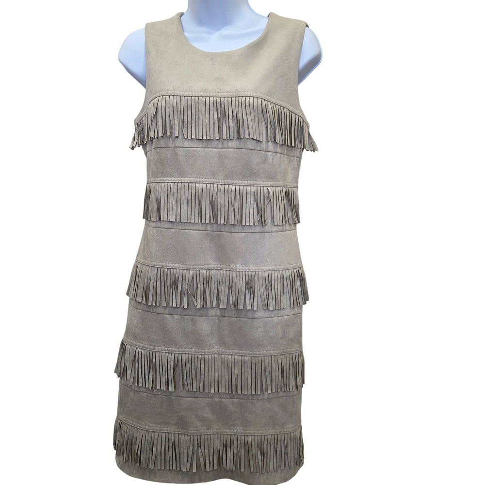 Calvin Klein‎ 6 Faux Suede Fringe Dress Sleeveless Beige boho concert cowgirl